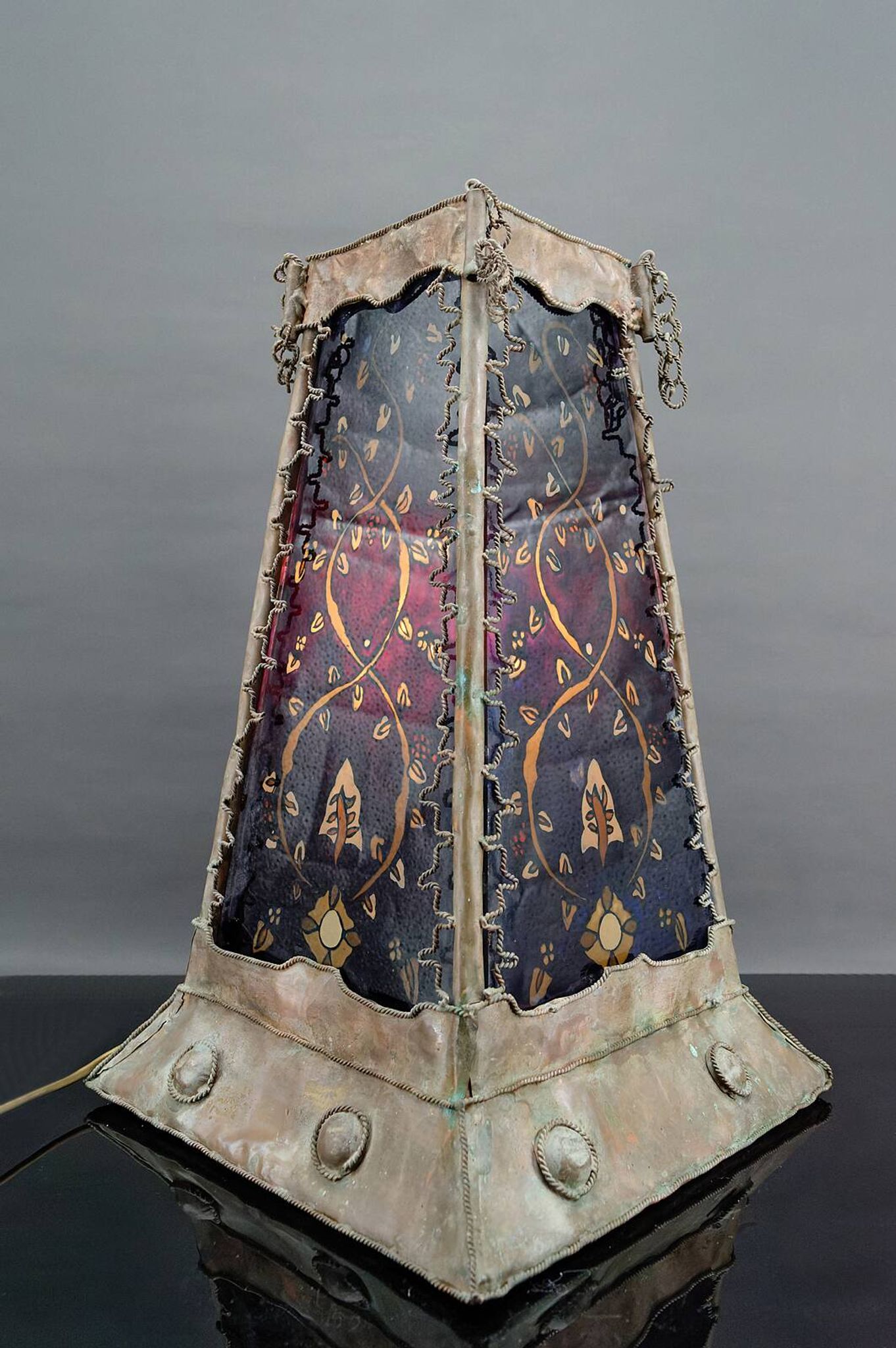Moorish style lamp in patinated copper and painted glass, France, Mid-Century