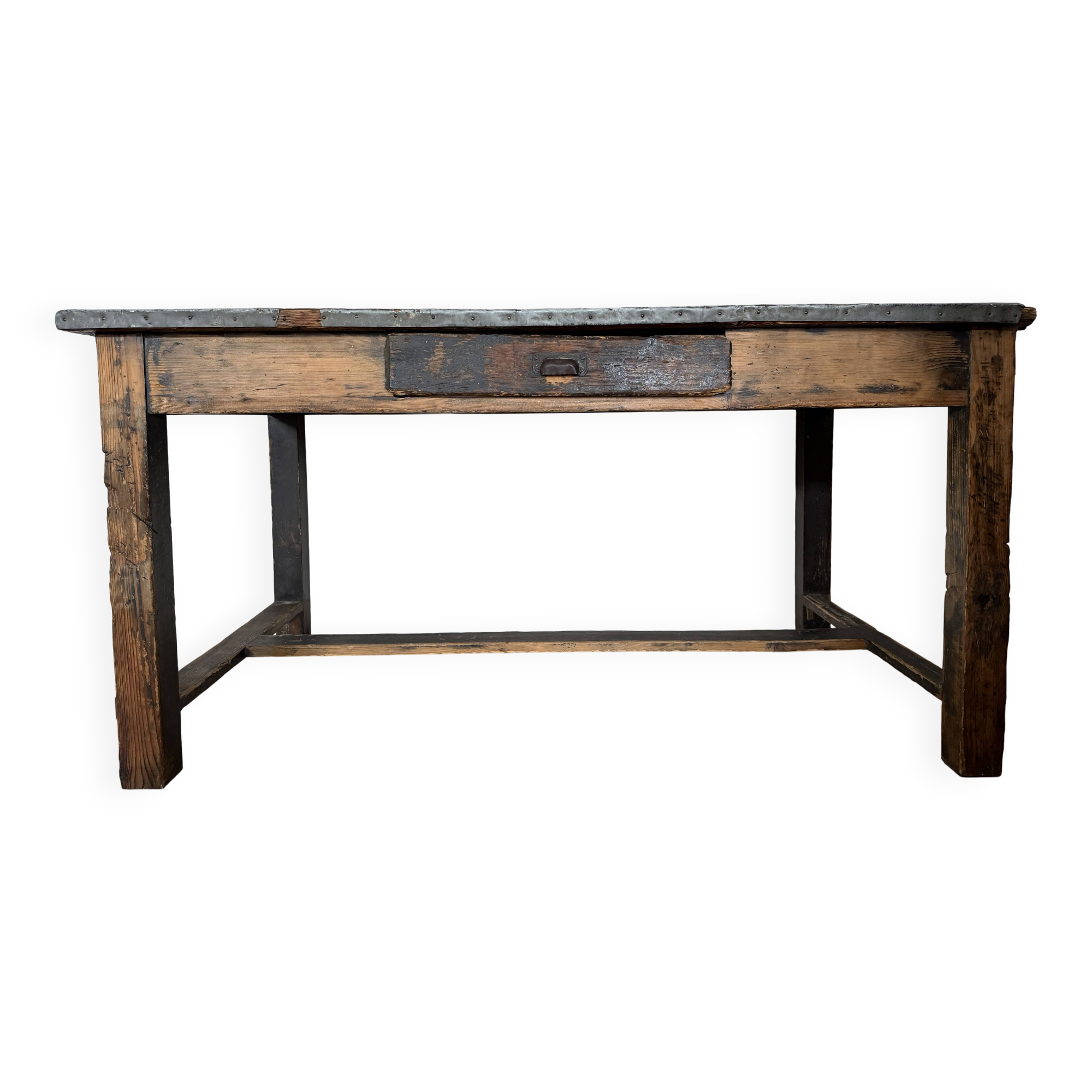 Wood and zinc original patina workbench table