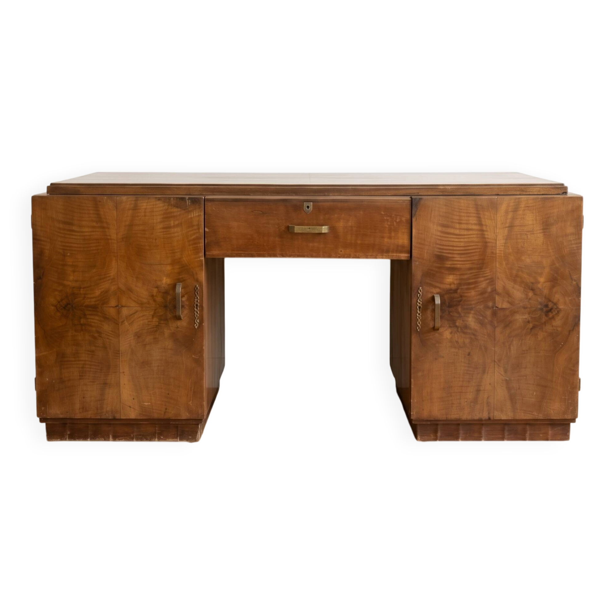 Large Art Deco desk in solid wood with storage cabinets.