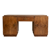Large Art Deco desk in solid wood with storage cabinets.