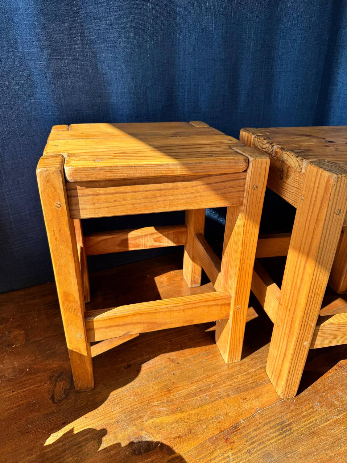 Pair of vintage larch stools, 1960s/70s
