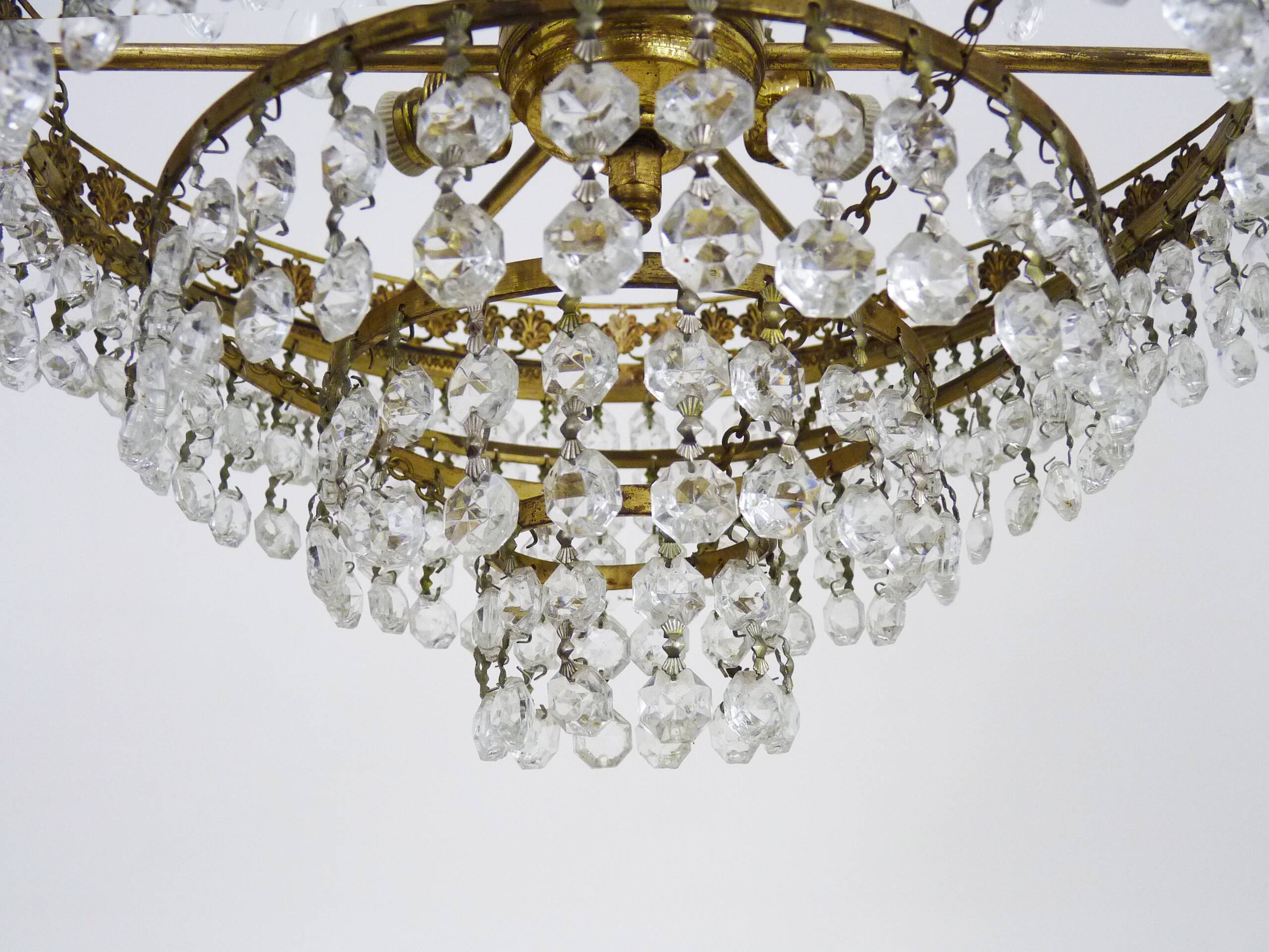 Chandelier, brass crown ceiling light, 5 floors, 3 lights, glass pendants. 60s