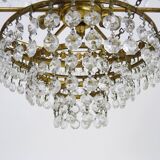 Chandelier, brass crown ceiling light, 5 floors, 3 lights, glass pendants. 60s