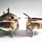 Caviar or cobalt blue condiment set from the first half of the 20th century.