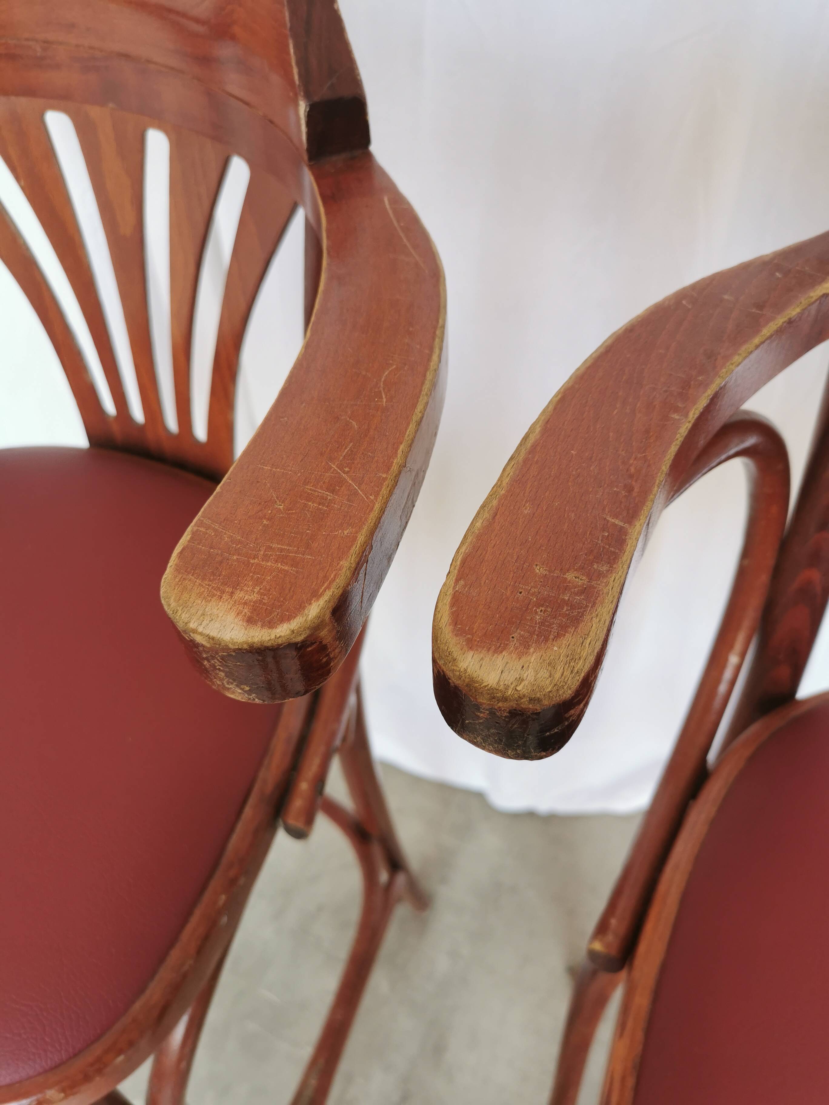 Set of 2 Vintage Bar Chairs: Red Leather Seat, High Pub Stools