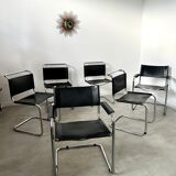 Set of 6 design chairs Matteo Grassi tubular metal and black leather year 70/80 Bauhaus style