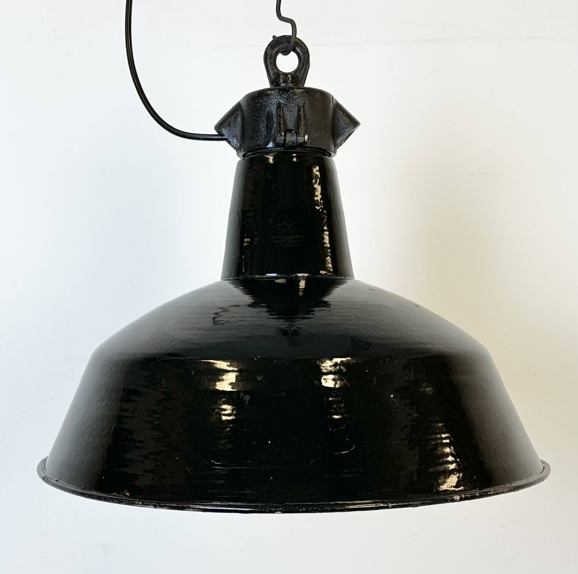 Industrial Black Enamel Factory Lamp with Cast Iron Top, 1950s