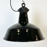 Industrial Black Enamel Factory Lamp with Cast Iron Top, 1950s