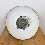 Black enamel and cast iron industrial cage pendant light , 1950s