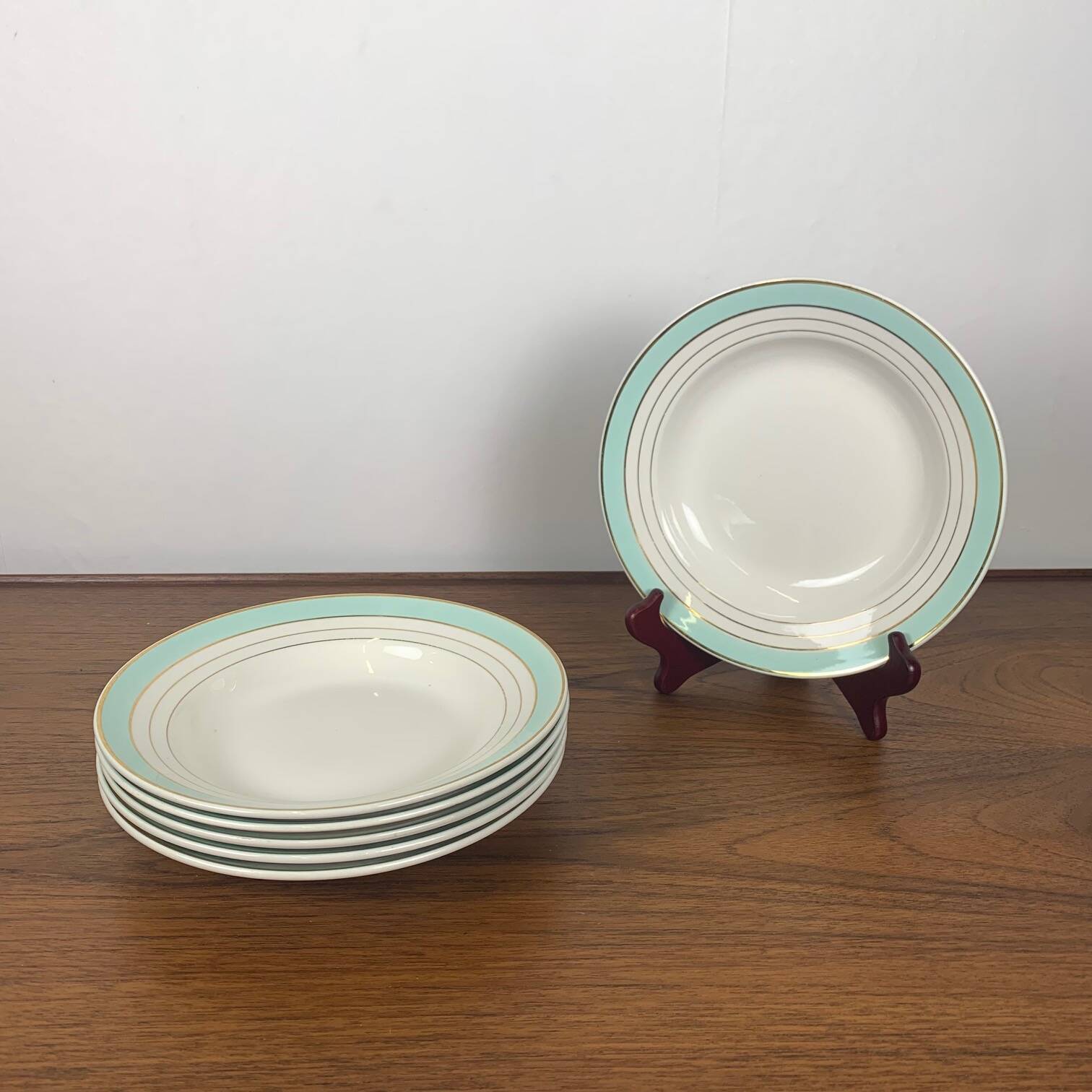 Set of 6 Lunéville soup plates, "Régence" model, water green and 4 lines