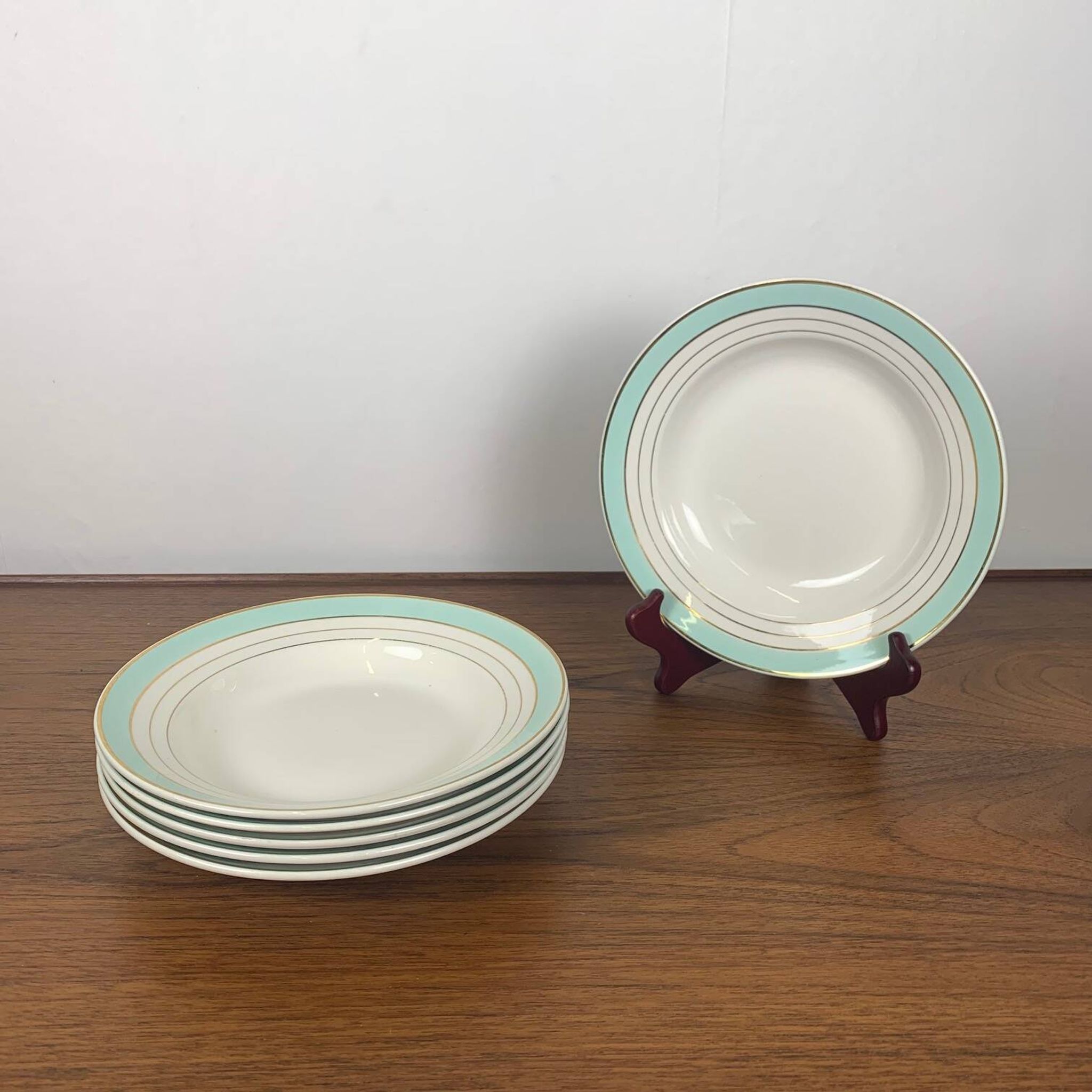 Set of 6 Lunéville soup plates, "Régence" model, water green and 4 lines
