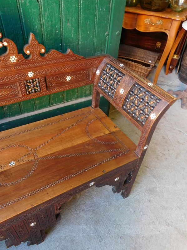 Old syrian wooden bench and mother-of-pearl inlay