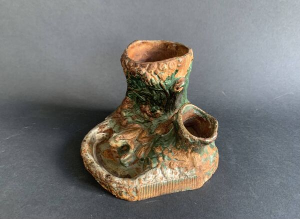 Pyrogène, pot à tabac naturaliste en terre cuite vernissée, époque 1900