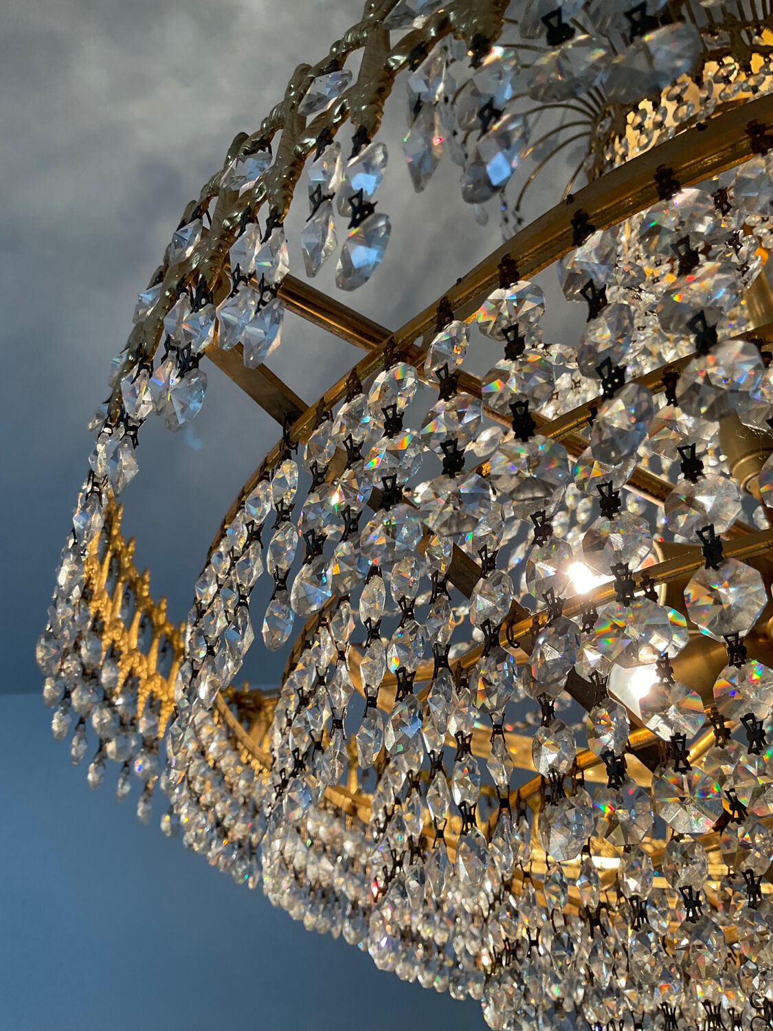 Brass chandelier and crystal tassel waterfall