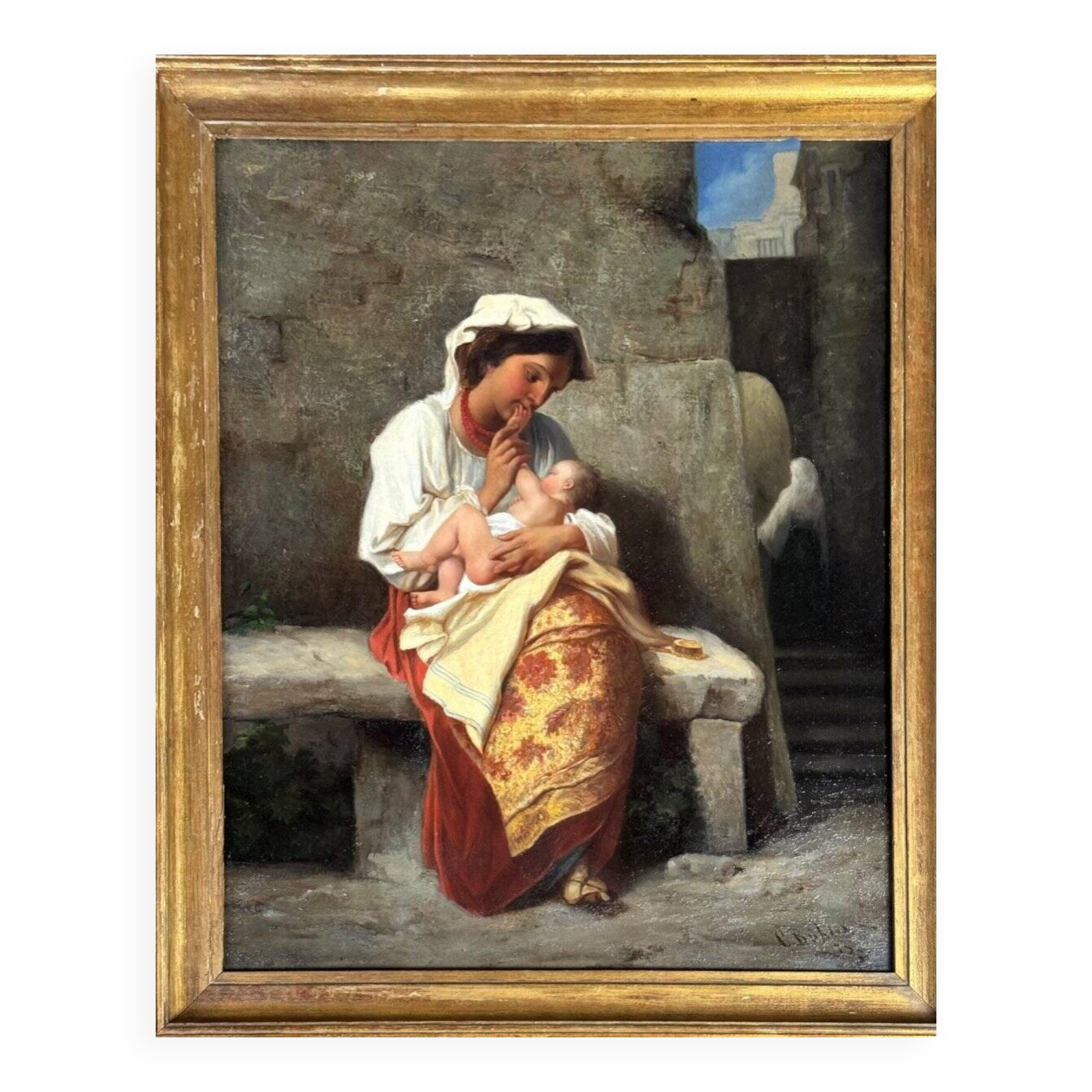 Maternity or Young Peasant Woman and Her Child, Signed C Bühler, Italy 19th C.