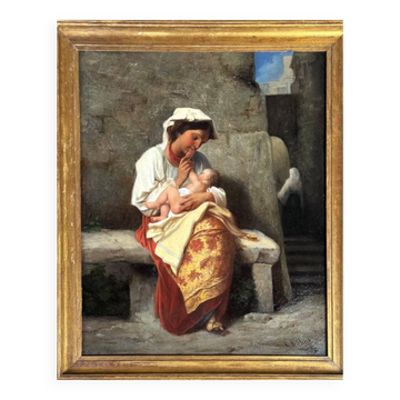 Maternité ou jeune paysanne et son enfant, signée C Bühler, Italie XIXème s