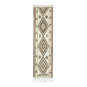 1970s Vintage Turkish Hand-Knotted Wool Cotton Beige Runner Rug 92x355