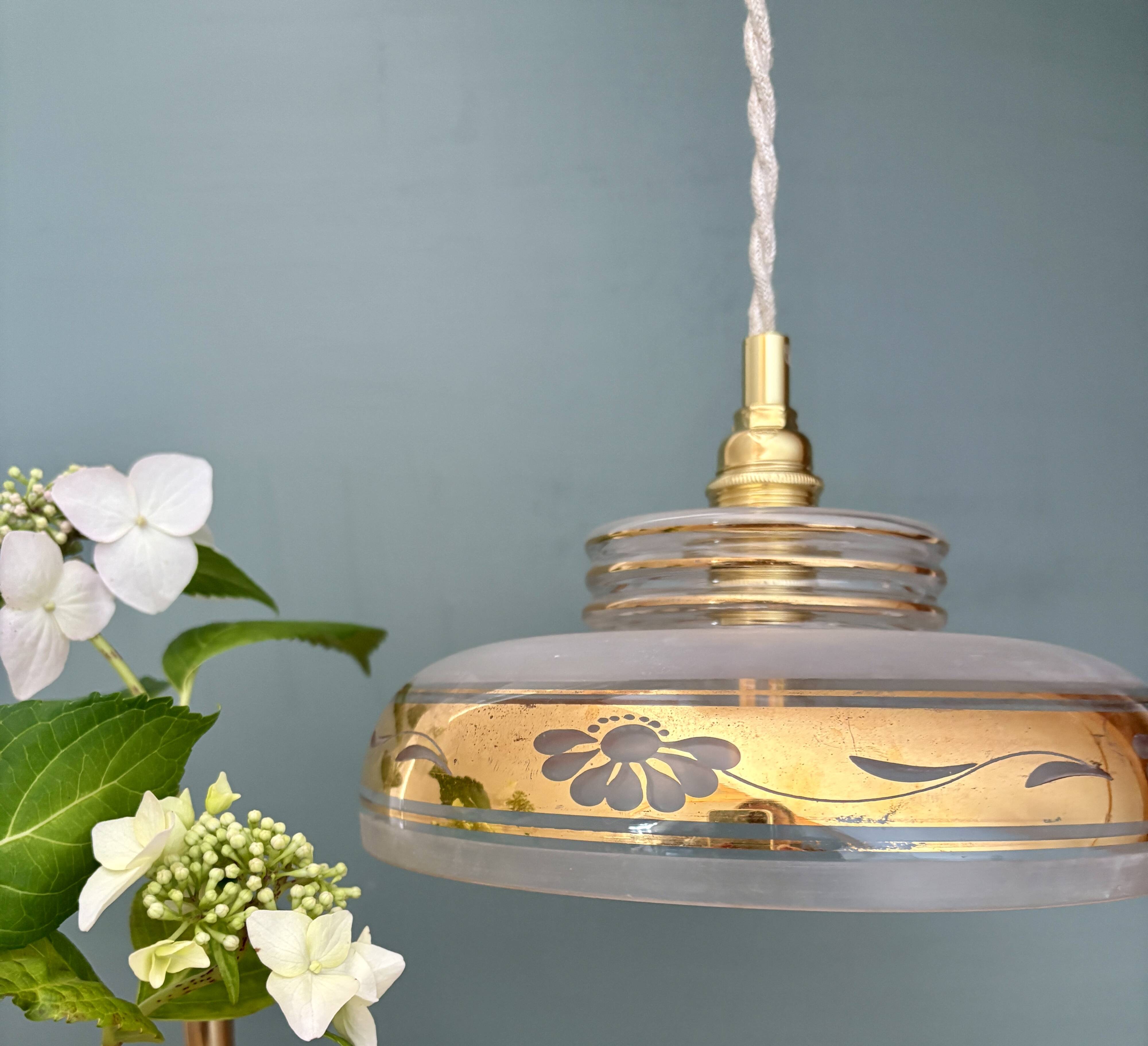 Vintage frosted glass pendant lampshade with gold frieze