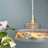 Vintage frosted glass pendant lampshade with gold frieze