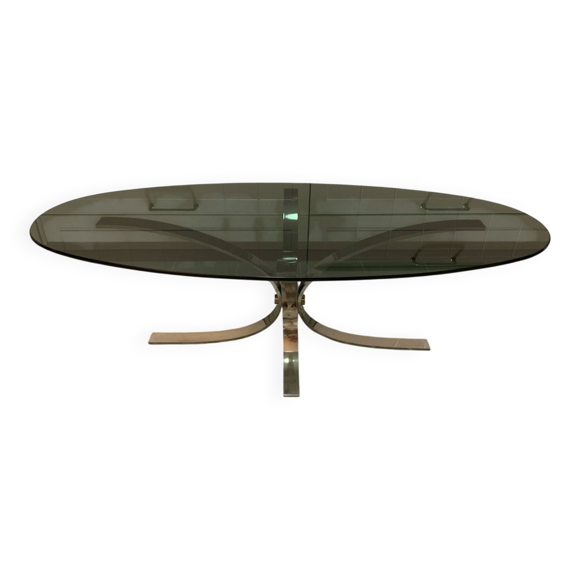 Oval coffee table design Circa glass and chrome 1970s