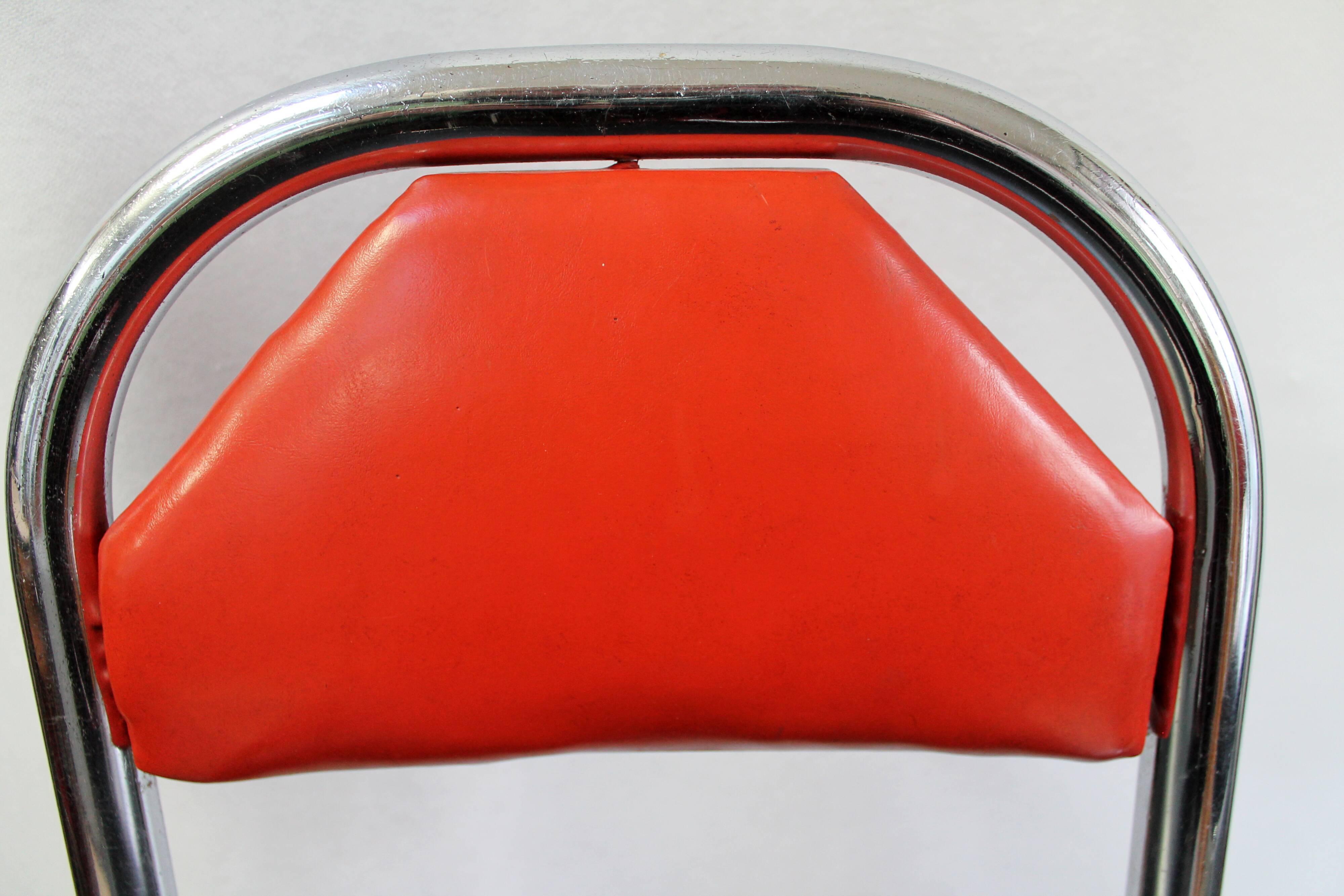 Vintage chrome metal bar stools wood and black and Red skai