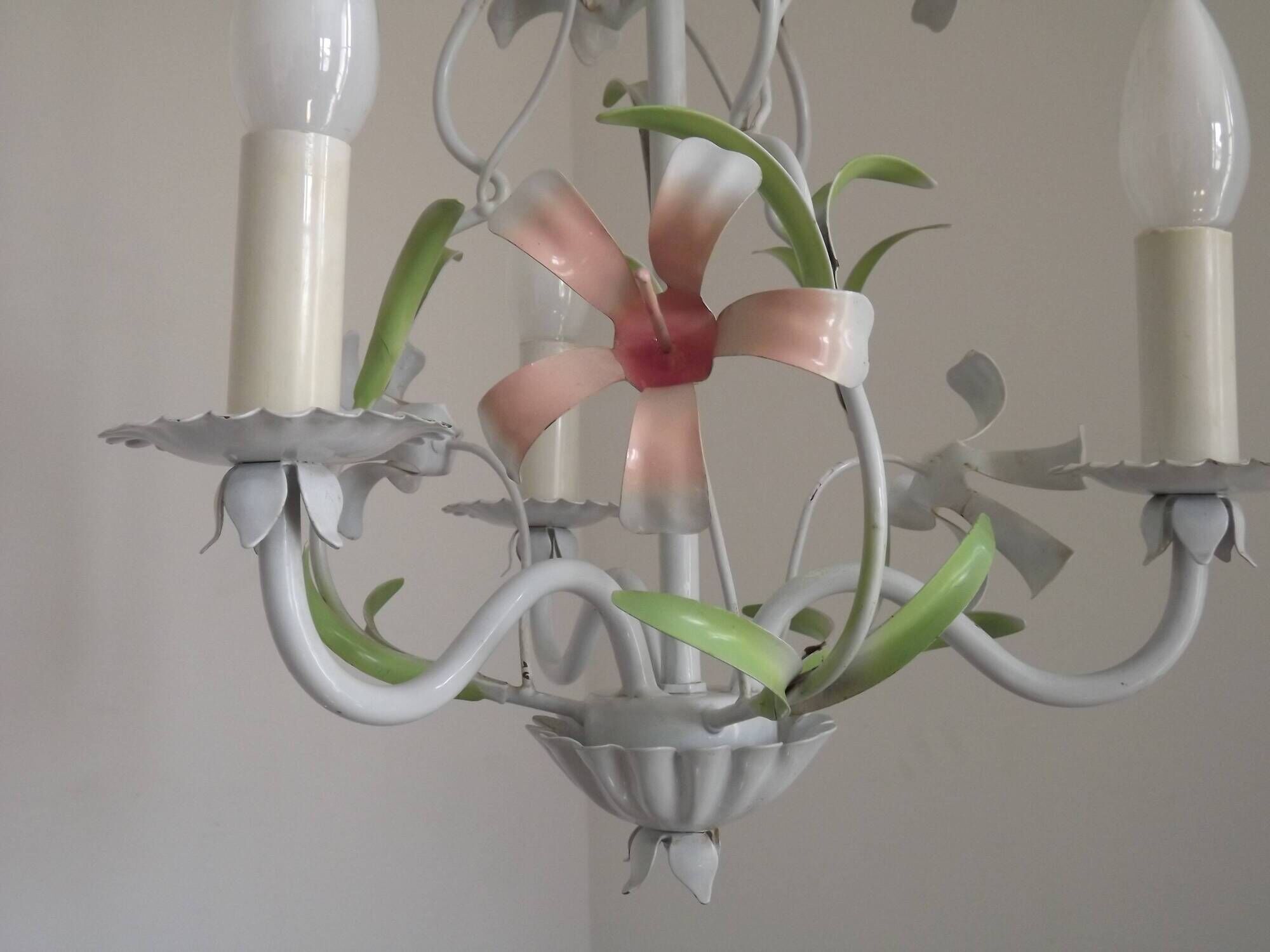 French Vintage 3 Light Pink Lily Flower Cage Style Metal Chandelier 5470