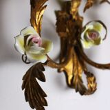 Pair of golden wall sconces and porcelain flowers