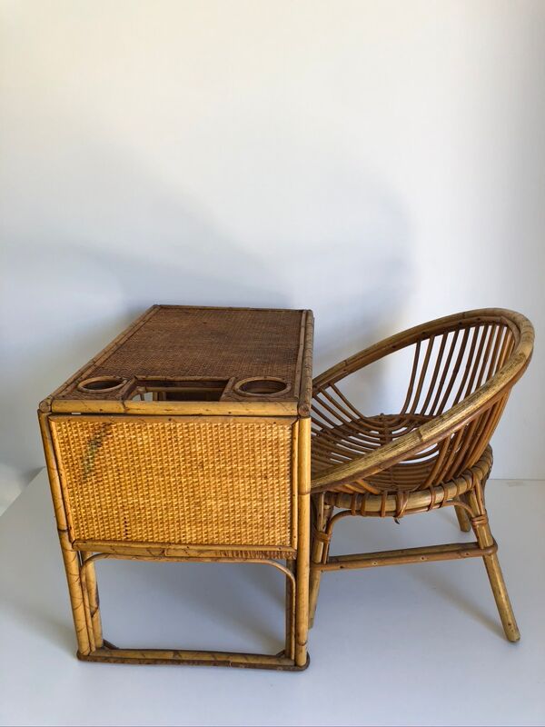 Bureau enfant en rotin avec son fauteuil