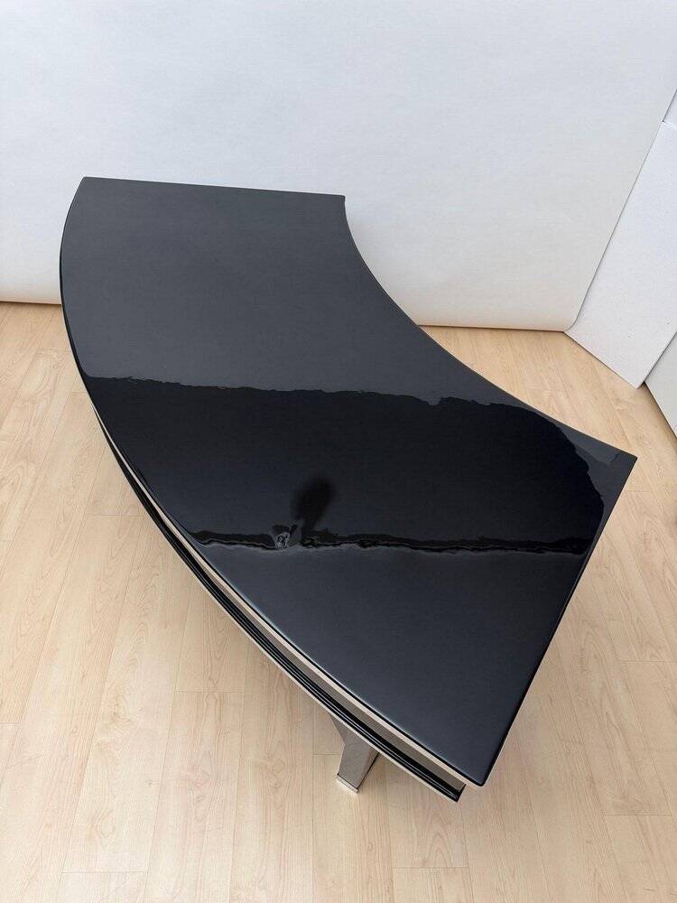 Art Deco desk in black lacquer, walnut & metal, France, 1950