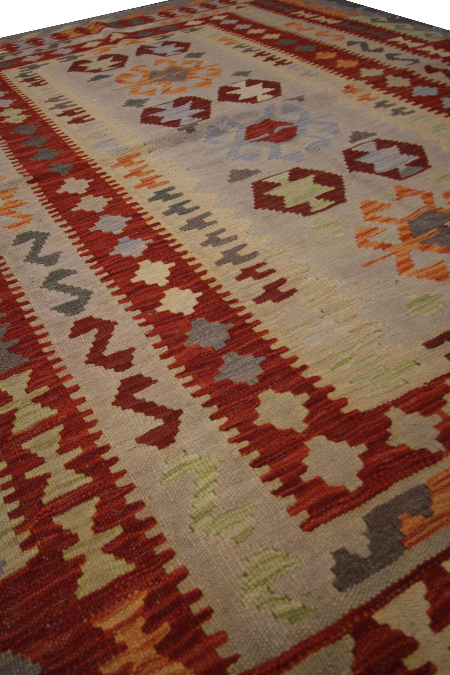 Tapis Kilim en laine fait main rouge et beige, tissage plat oriental tribal 204 x 148 cm