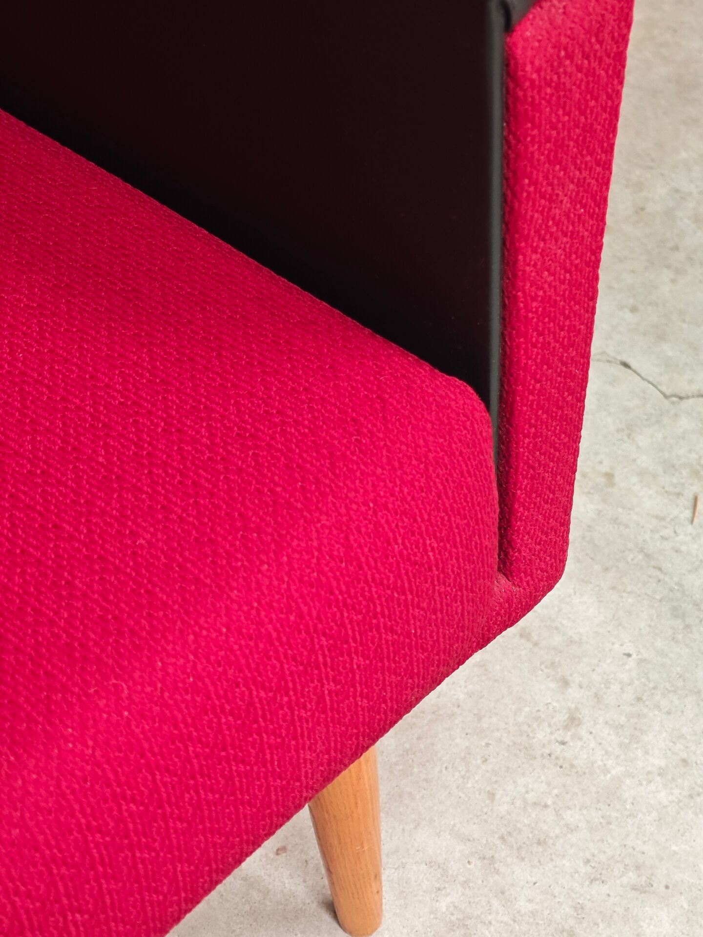 Pair of Drevotex Zamberk armchairs, red fabric and faux leather 1970