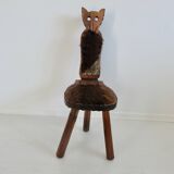 Brutalist cowhide tripod stool in solid wood