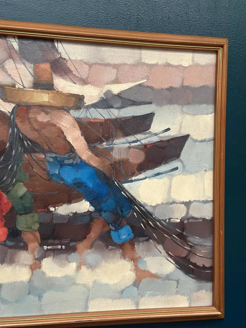 Swedish Oil on Panel"Fishermen" by Marylilla , Vintage and Framed