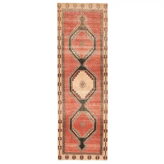 1970s Vintage Turkish Oushak Handmade Wool Cotton Red Runner Rug 116x267