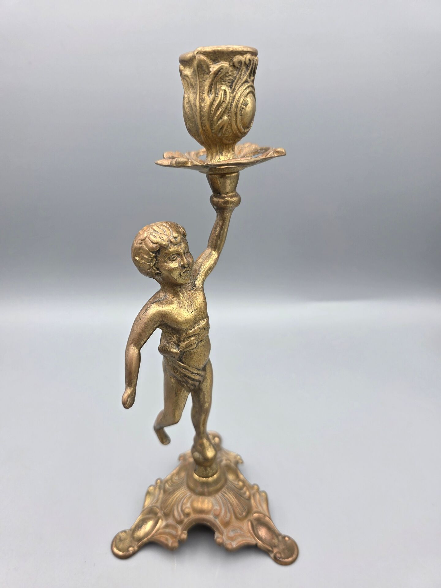 Antique gilded candlestick with cherub, French Rococo style, Belle Époque