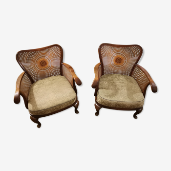 Wood and rattan armchairs