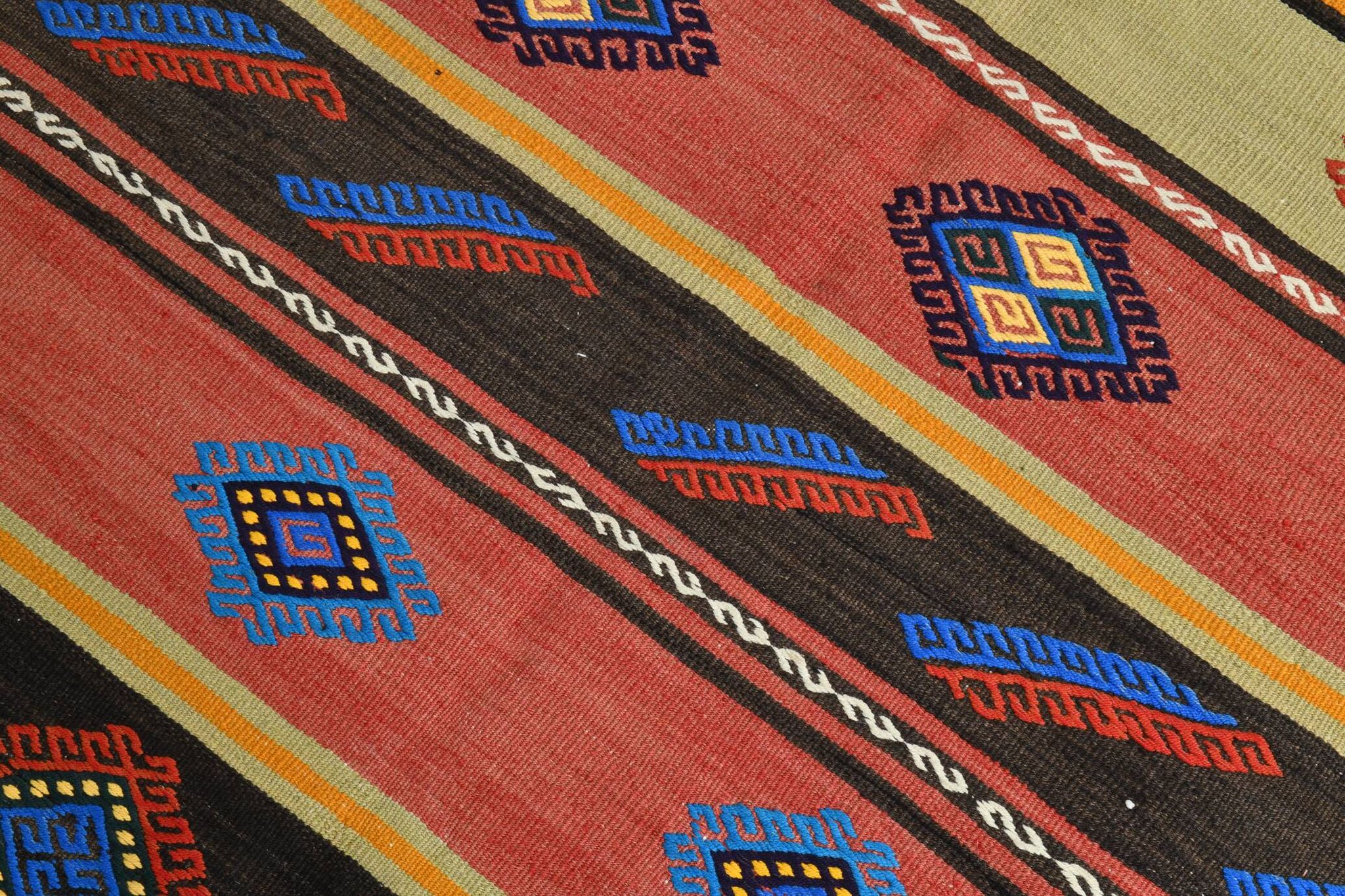 6x9 Blue & Red Details Kilim Rug,Modern Mid Century,Wool Area Rug,175x261Cm