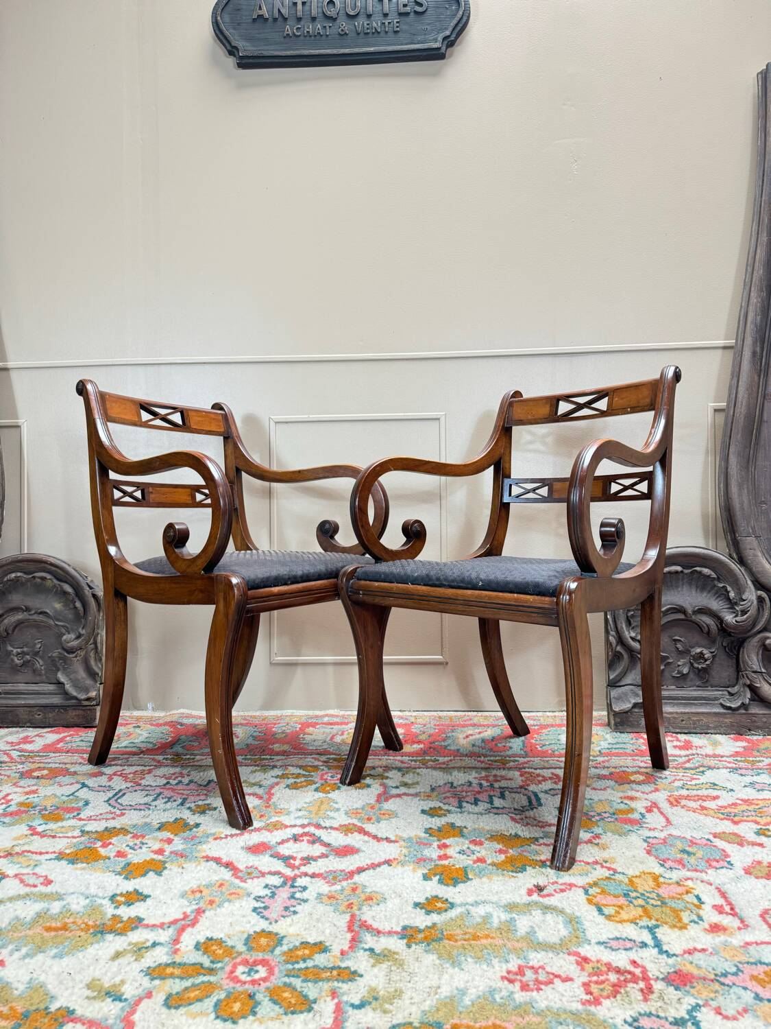 Pair of Armchairs and Pair of Chairs in Mahogany, 20th Century