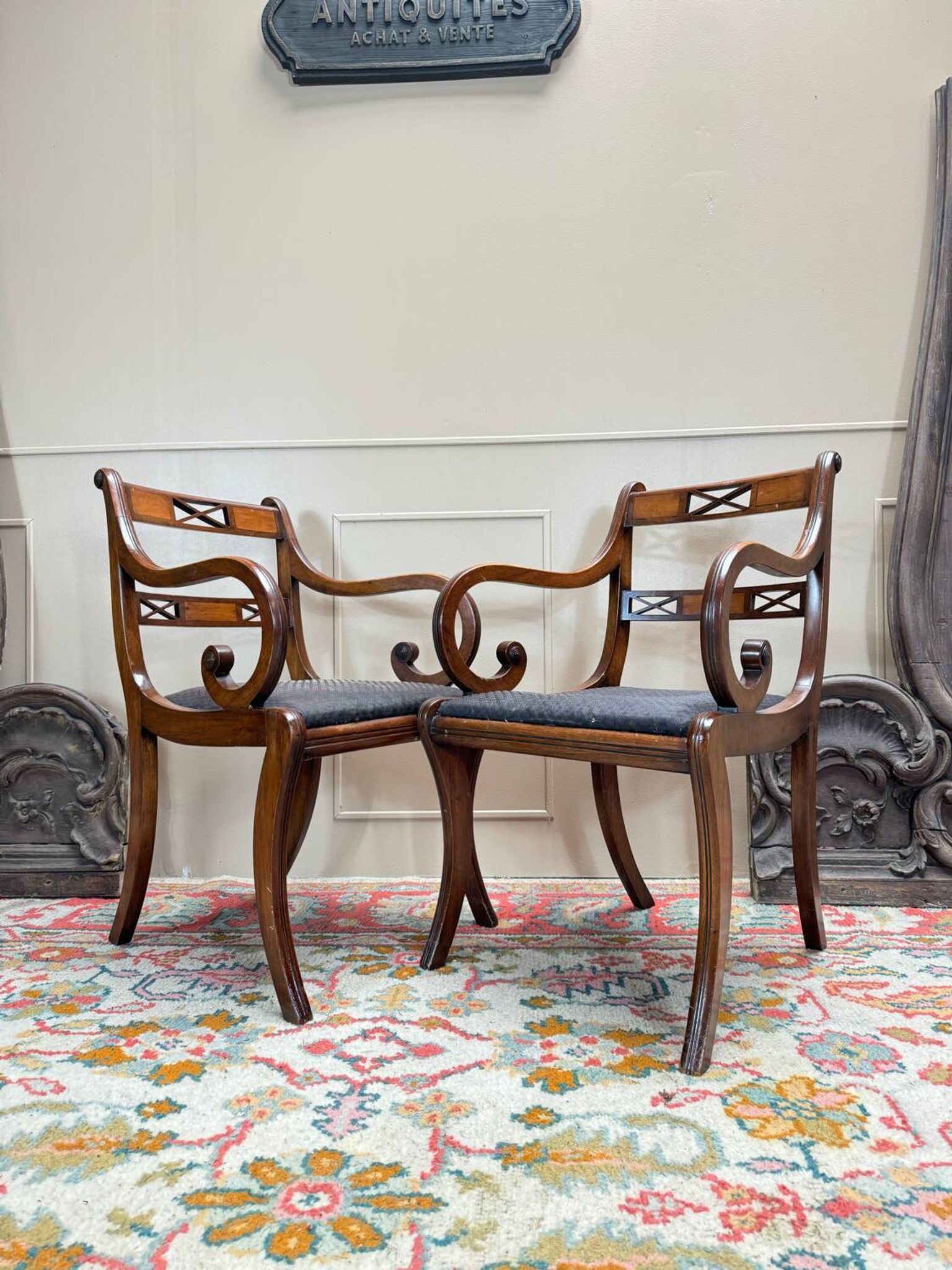 Pair of Armchairs and Pair of Chairs in Mahogany, 20th Century