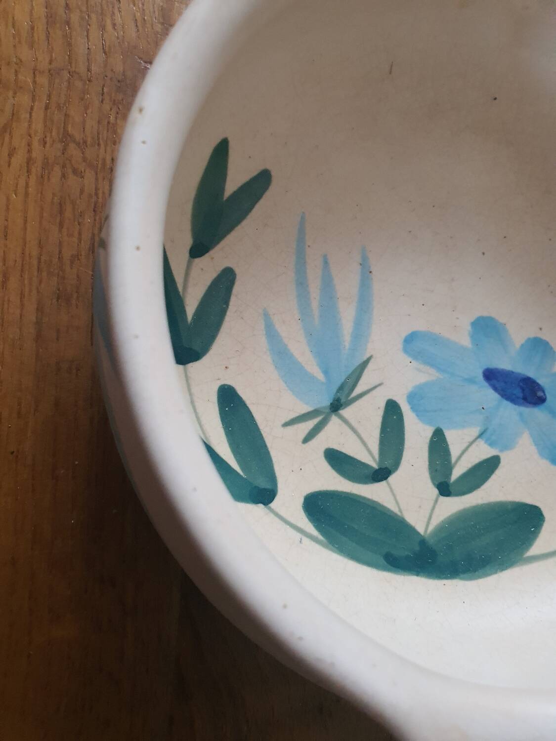 Vintage fondue pot, Marais pottery, hand-painted blue floral decoration