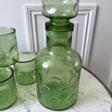 Set of decanter and 9 green glasses in bubbled glass 70s