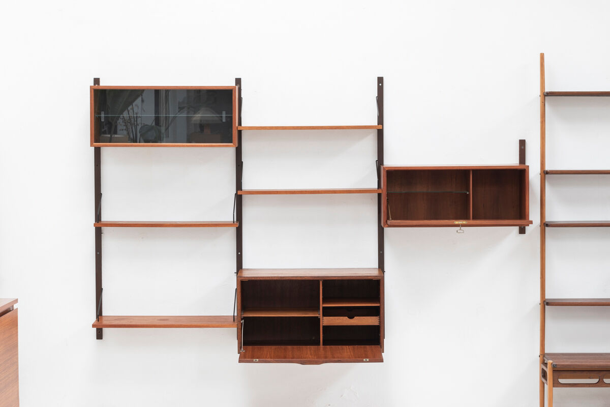 Playful 3-bay wall unit in teak wood by Poul Cadovius, Denmark, 1950s