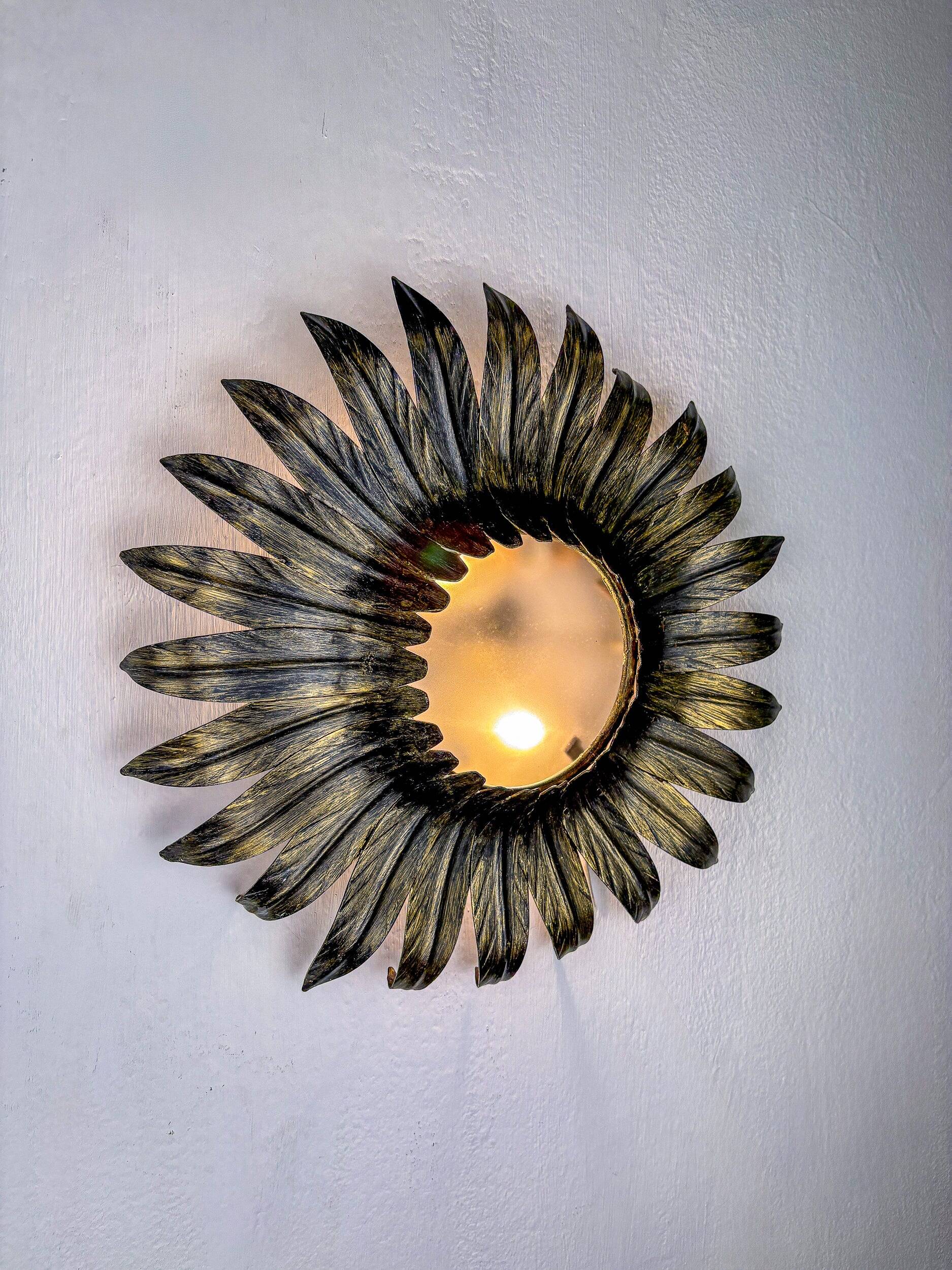 Spanish sunburst foliage ceiling light fixture in gilt iron, 1960s