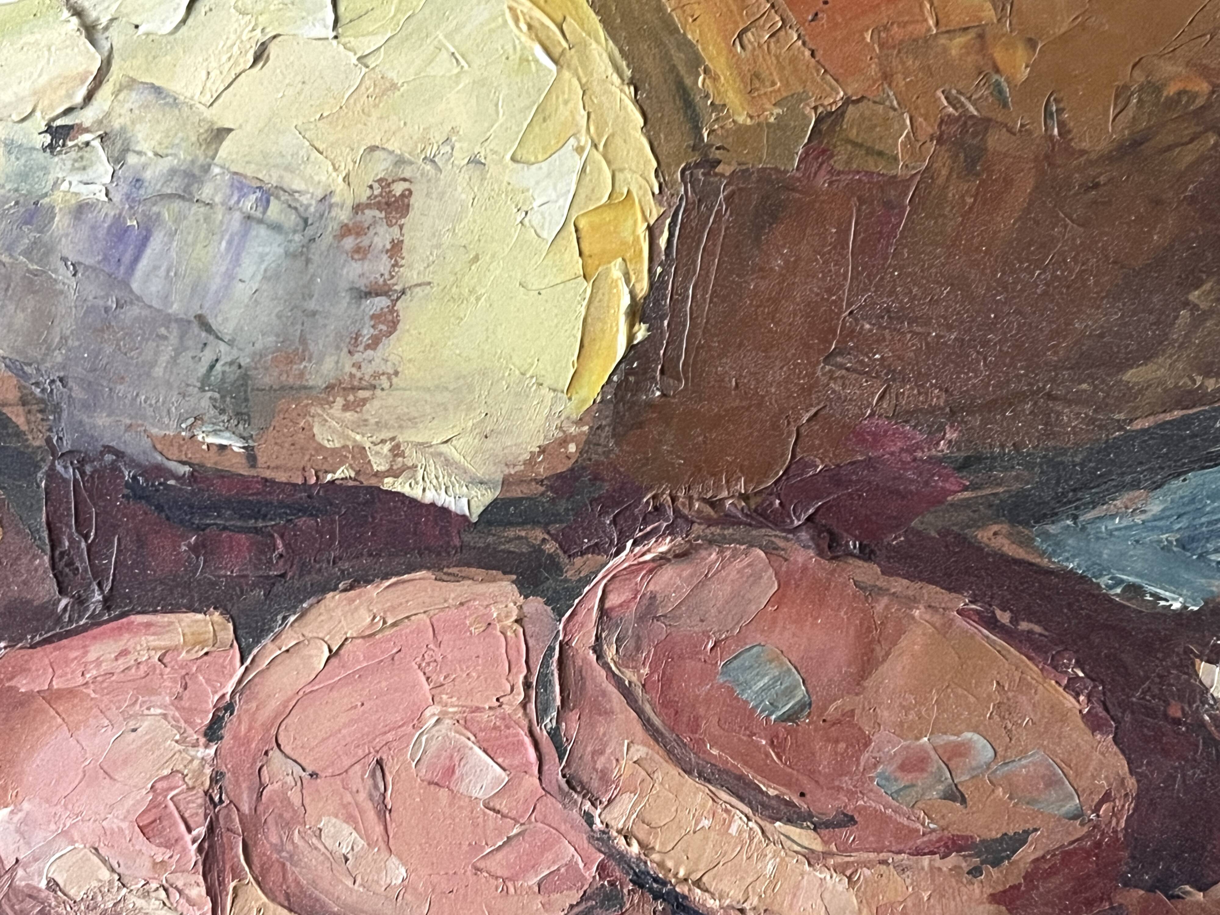 Oil on canvas still life with a baguette and sausage from the 1940s.