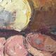 Oil on canvas still life with a baguette and sausage from the 1940s.