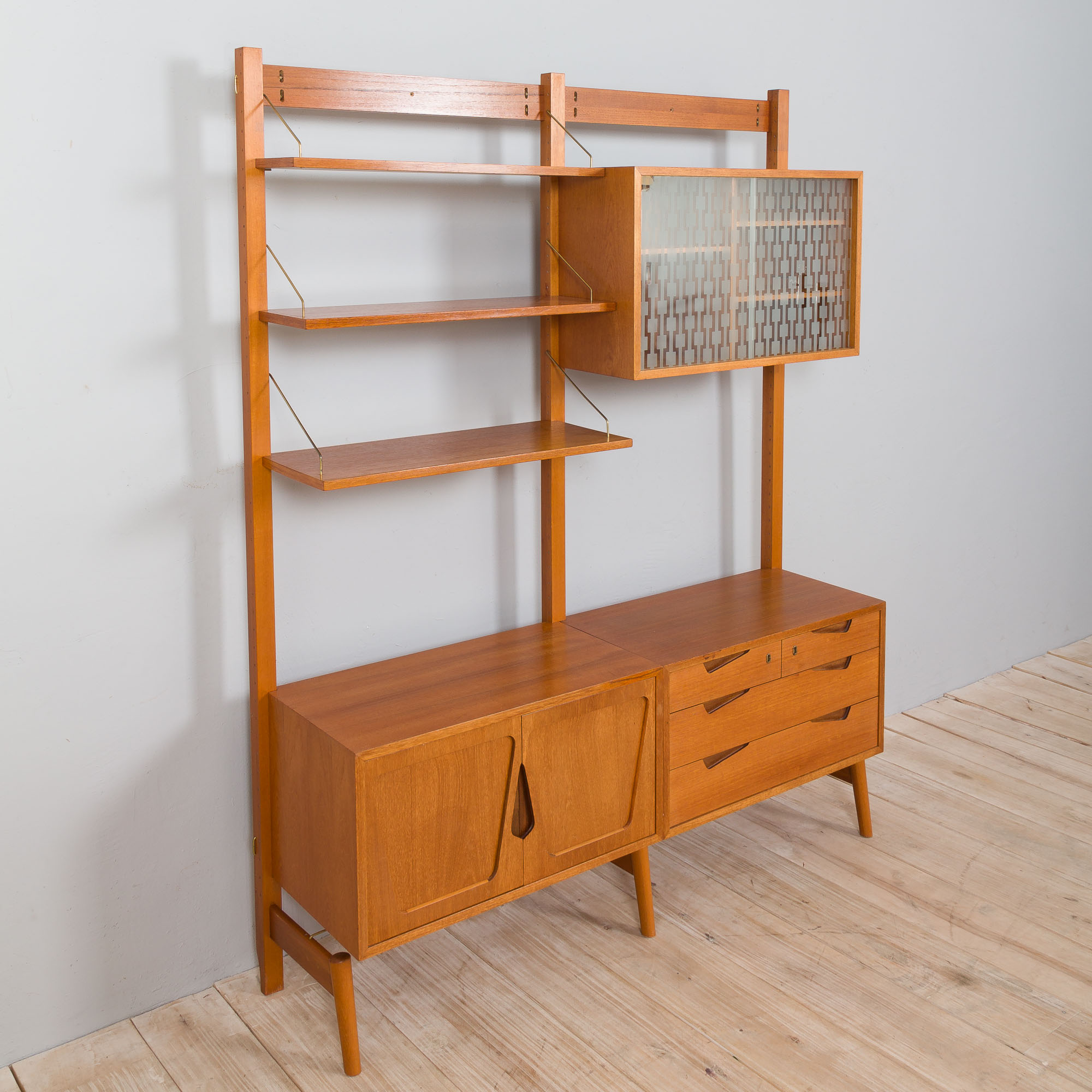 Rival 2 bay free standing teak wall unit with 3 cabinets and 3 shelves by Brodrene Jatogs Norway, Kj