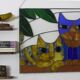 Vitrail artisanal vintage – motif chats – 60 × 68 cm – pièce unique en verre