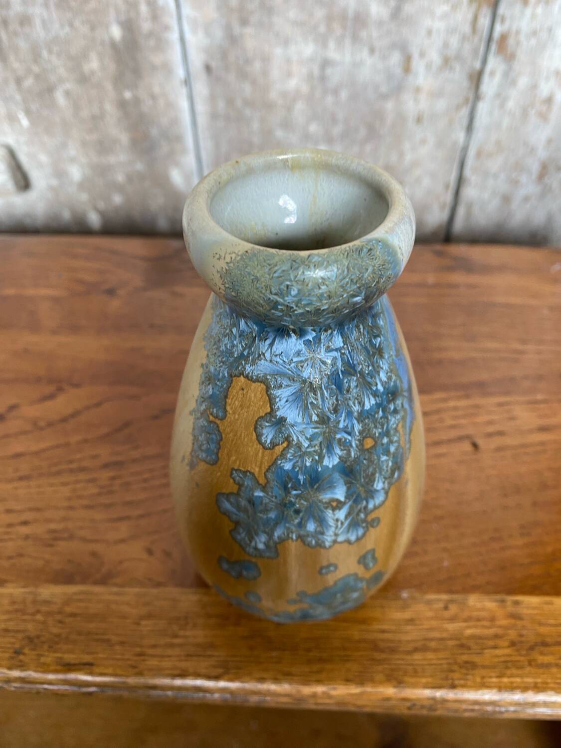 Old mougin style vase ceramic beige crystallized enamel blue france
