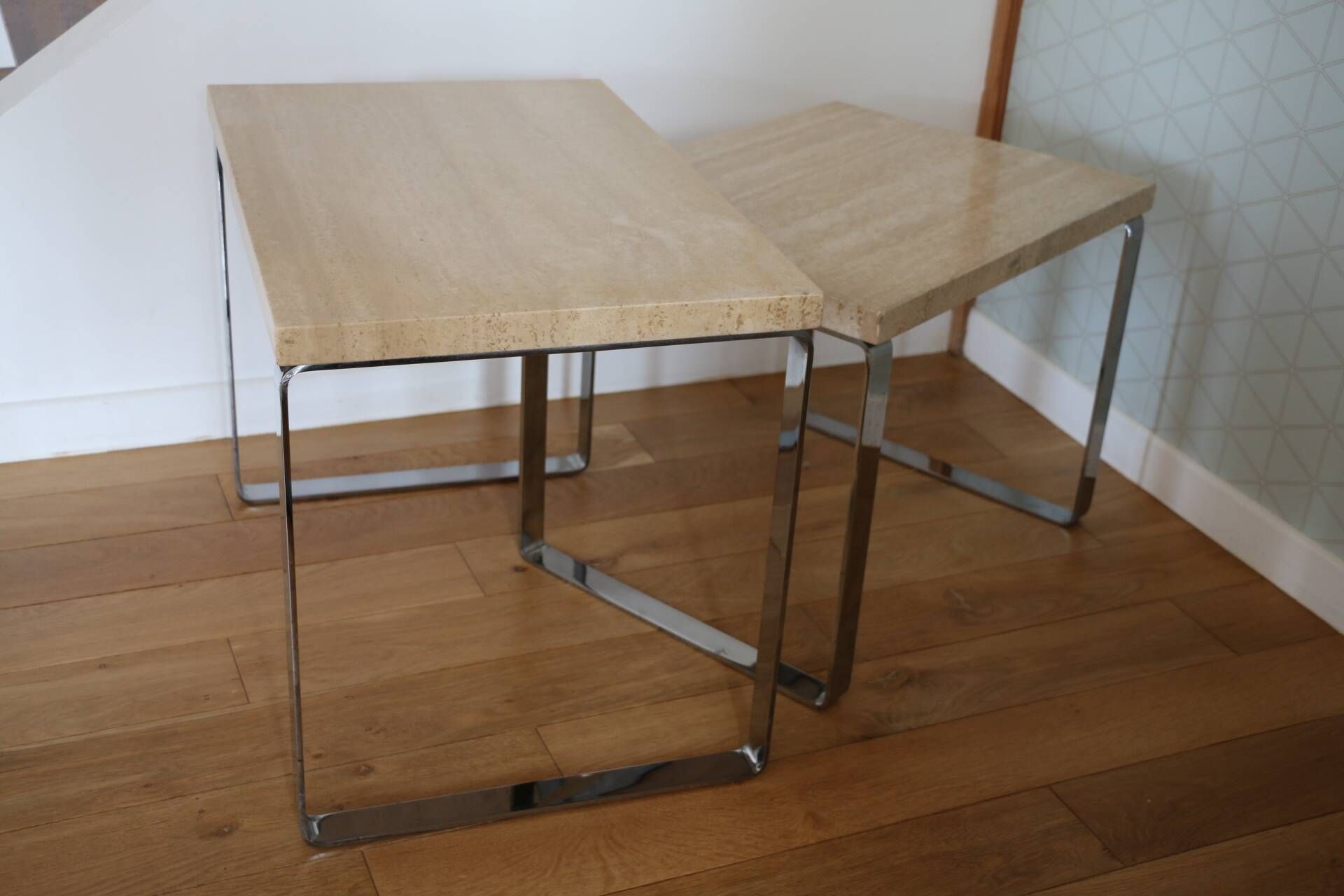 2 nesting tables chrome steel travertine