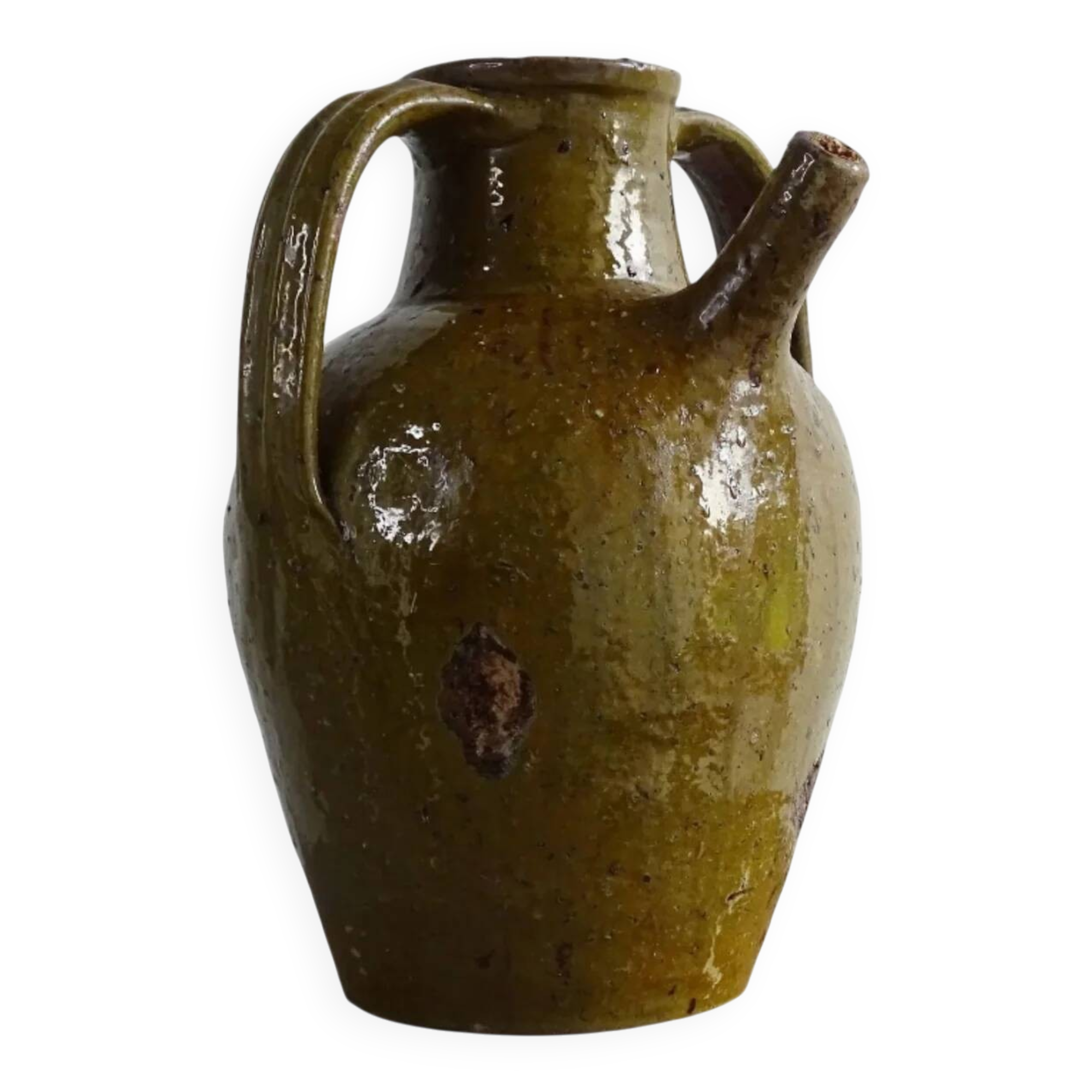 Huilerie ancienne française en terre cuite à noyer et glaçure verte